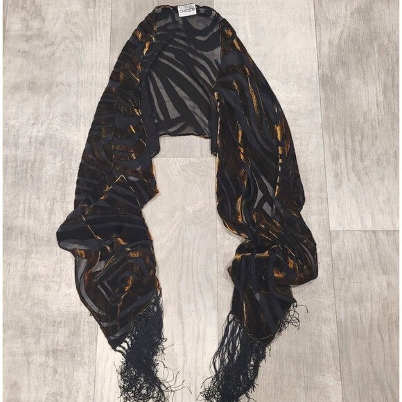 Chico's Silk Rayon Sheer Scarf 13” x 63” Gold Velvet Black Net Fringe Elegant - Picture 1 of 7